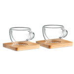 Set aus 2 doppelwandigen Espressogläsern mit Untertasse aus Bambus. Präsentiert in einer Kraftpapierbox. Fassungsvermögen 90ml.-Transparent-8719941042971