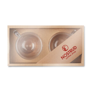 Set aus 2 doppelwandigen Espressogläsern mit Untertasse aus Bambus. Präsentiert in einer Kraftpapierbox. Fassungsvermögen 90ml.-Transparent-8719941042971-5