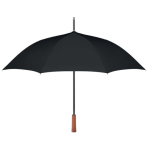 23-Zoll-Regenschirm aus 190T RPET-Pongee-Gewebe mit schwarz beschichtetem Glasfaserstock und -schienen. Gerader Holzgriff. Automatische Öffnung. Manuelles Schließen.-Schwarz-8719941039582