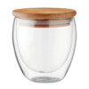 Doppelwandiges Borosilikatglas mit Bambusdeckel und Silikonring. Fassungsvermögen 250ml. Bambus ist ein Naturprodukt und weist leichte Abweichungen in Farbe