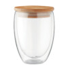 Doppelwandiges Borosilikatglas mit Bambusdeckel und Silikonring. Fassungsvermögen 350ml. Bambus ist ein Naturprodukt und weist leichte Abweichungen in Farbe