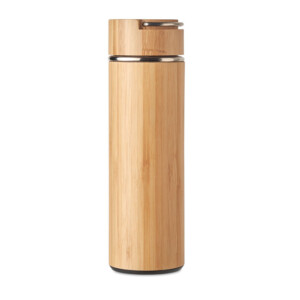 Doppelwandige Isolierflasche aus Edelstahl/Bambus mit zusätzlichem Tee-Ei im Inneren. Fassungsvermögen: 400 ml. Leckagefrei.-Holz-8719941053502-1