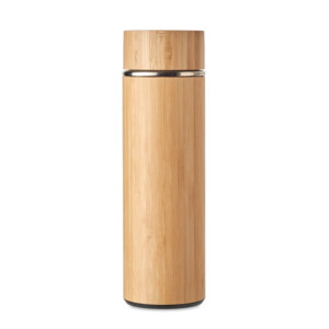 Doppelwandige Isolierflasche aus Edelstahl/Bambus mit zusätzlichem Tee-Ei im Inneren. Fassungsvermögen: 400 ml. Leckagefrei.-Holz-8719941053502-2