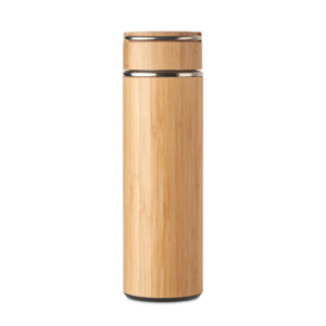 Doppelwandige Isolierflasche aus Edelstahl/Bambus mit zusätzlichem Tee-Ei im Inneren. Fassungsvermögen: 400 ml. Leckagefrei.-Holz-8719941053502-3