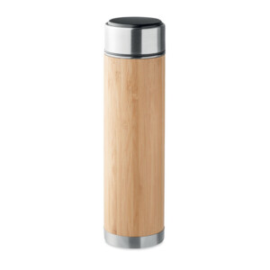 Doppelwandige Isolierflasche aus Edelstahl/Bambus mit integriertem Tee-Ei. LED-Touch-Thermometer im Deckel. 1 CR 2450 Batterie enthalten. Fassungsvermögen: 480 ml. Ohne Leckage.-Holz-8719941054448-3