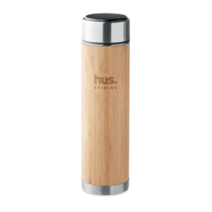Doppelwandige Isolierflasche aus Edelstahl/Bambus mit integriertem Tee-Ei. LED-Touch-Thermometer im Deckel. 1 CR 2450 Batterie enthalten. Fassungsvermögen: 480 ml. Ohne Leckage.-Holz-8719941054448-5