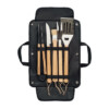 5-teiliges Grillbesteck-Set aus Edelstahl mit Holzgriff und Tasche aus beschichtetem Segeltuch. Inklusive Pfannenwender
