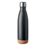 Doppelwandige Edelstahl-Isolierflasche mit Korkbodendetail. Fassungsvermögen: : 600 ml. Ohne Leckage.-Schwarz-8719941054226