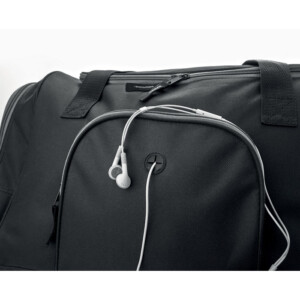 Sporttasche aus 600D-Polyester mit 2 Seitenfächern mit Reißverschluss und einer Vorderseite zum Durchführen von Kopfhörern. Abnehmbarer und verstellbarer Schultergurt.-Schwarz-8719941022591-2