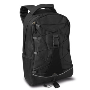 Schwarzer Rucksack mit kontrastfarbener Vorderseite. 600D-Polyester. Zierkordel auf der Vorderseite. Netztaschen auf beiden Seiten.-Schwarz-8719941019072