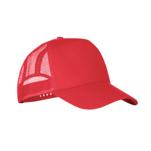 5-Panel-Trucker-Cap aus Polyester mit Druckknopfverschluss aus Kunststoff. Vorderseite und Schirm aus Polyester-Jersey mit Schaumverstärkung. Andere Paneele aus farbigem Mesh. Größe 7 1/4.-Rot-8719941048751