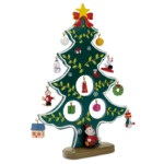Weihnachtsbaum aus Holz mit 12 kleinen Dekorationen zum Aufhängen. Lieferung im Karton mit transparentem Deckel.-Grün-8719941012424