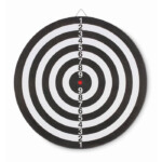 Dartscheibe in Papieroptik und Haken oben. Es können beide Seiten gespielt werden. Inklusive 3 PVC-Darts.-Mehrfarbig-8719941045712-1