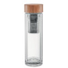 Doppelwandige Wasserflasche aus Borosilikatglas und Bambusdeckel mit Teesieb. Fassungsvermögen 420ml. Bambus ist ein Naturprodukt und weist leichte Abweichungen in Farbe
