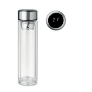 Doppelwandige Flasche aus Borosilikatglas. Ausgestattet mit einem LED-Thermometer oben im Deckel und einem Teesieb im Inneren. 1 CR 2450 Batterie enthalten. Anti-Leck. Fassungsvermögen: 390 ml. Anti-Leck.-Transparent-8719941051461