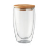 Doppelwandiges Borosilikatglas mit Bambusdeckel und Silikonring. Fassungsvermögen 450ml. Bambus ist ein Naturprodukt und weist leichte Abweichungen in Farbe