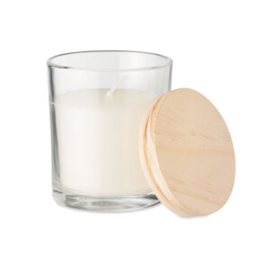 Wachskerze mit Vanilleduft im Glas mit Bambusdeckel in Geschenkbox aus Papier. 7cm Durchmesser.-Transparent-8719941053823-2
