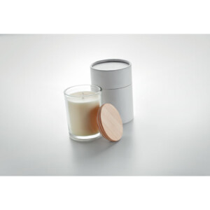 Wachskerze mit Vanilleduft im Glas mit Bambusdeckel in Geschenkbox aus Papier. 8cm Durchmesser.-Transparent-8719941054288-6