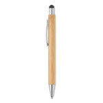 Druckkugelschreiber aus Bambus mit Stylus und glänzendem Chromrand. Blaue Tinte. Bambus ist ein Naturprodukt