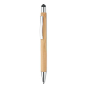 Druckkugelschreiber aus Bambus mit Stylus und glänzendem Chromrand. Blaue Tinte. Bambus ist ein Naturprodukt