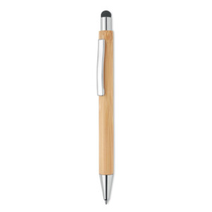 Druckkugelschreiber aus Bambus mit Stylus und glänzendem Chromrand. Blaue Tinte. Bambus ist ein Naturprodukt