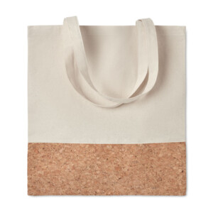 Tasche aus Baumwolltwill mit Kordelzug und Korkattribut. Lange Griffe. 160gr/m². Kork ist ein natürliches Material