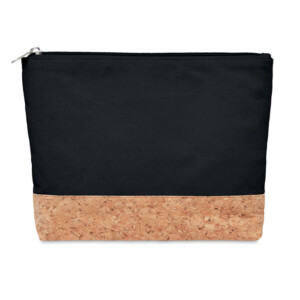 Kosmetiktasche aus Baumwolle mit Korkdetail unten. 220 g/m². Kork ist ein natürliches Material