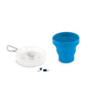 Faltbarer Silikonbecher mit integriertem Tablettenspender und Karabiner.-Blau-8719941031791