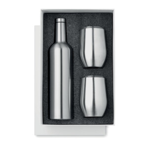 Set bestehend aus einer 750 ml doppelwandigen Edelstahlflasche und 2 x 350 ml doppelwandigen Edelstahlbechern. Anti-Leck.-Silber matt-8719941050020-3