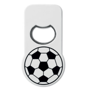 ABS-Flaschenöffner mit Aufdruck mit einem bedruckten Fußball auf der Oberseite und einem Magneten auf der Rückseite.-Weiß-8719941021075-1