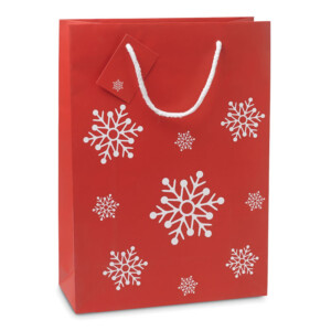 Elegante Geschenktüte aus Papier mit Schneeflockenmuster. Kleine Nachrichtenkarte enthalten. Großes Modell.-Rot-8719941012714