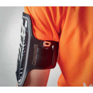 Verstellbares Neoprenarmband mit transparenter Vorderseite mit reflektierenden Details. Geeignet für Telefone mit Bildschirmen bis zu 6