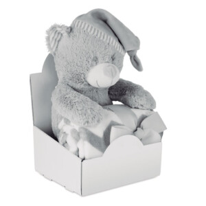 Großer Plüschteddybär mit Decke. Präsentiert in einer weißen