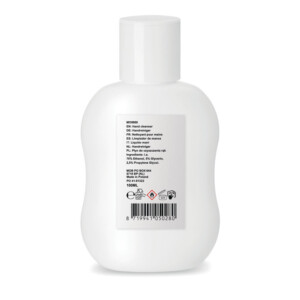Handreiniger in nachfüllbarer HDPE-Flasche Fassungsvermögen 100 ml. Bestehend aus 70% Alkohol. In Europa hergestellt. Dieser Artikel ist unter Kosmetik kategorisiert.-Weiß-8719941050280-1