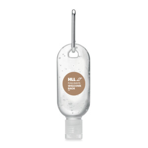 Handreinigungsgel in wiederbefüllbarer PET-Flasche mit Flip-Cap und Karabiner. Fassungsvermögen 30ml-Transparent-8719941050389-5