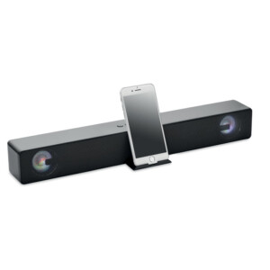 ABS Wireless 5.0 Soundbar-Lautsprecher mit wechselndem Stimmungslicht und Telefonhalterung. Inklusive 2000 mAh Li-ION-Akku. Ausgangsdaten: 5W. Hörzeit: ca. 4 Stunden.-Schwarz-8719941054691-3