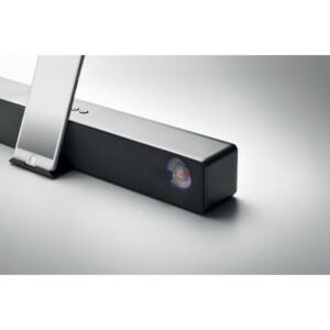 ABS Wireless 5.0 Soundbar-Lautsprecher mit wechselndem Stimmungslicht und Telefonhalterung. Inklusive 2000 mAh Li-ION-Akku. Ausgangsdaten: 5W. Hörzeit: ca. 4 Stunden.-Schwarz-8719941054691-6