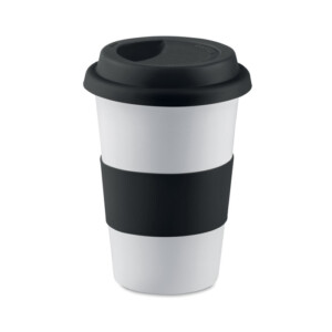 Einwandiger Keramikbecher mit Deckel und Silikonband Fassungsvermögen 400 ml. Die Einzelwand schließt eine Wärmeübertragung nicht aus.-Schwarz-8719941005853