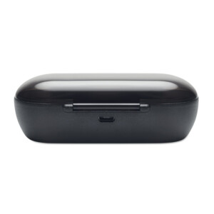 2 x drahtlose TWS 5.0-Stereokopfhörer mit eingebautem 45-mAh-Akku. Spielzeit ca. 3 Uhr morgens. Micro-USB-Kabel. Präsentiert in einer Ladestationsbox mit einem 250 mAh Li-Ionen-Akku.-Schwarz-8719941043930-1
