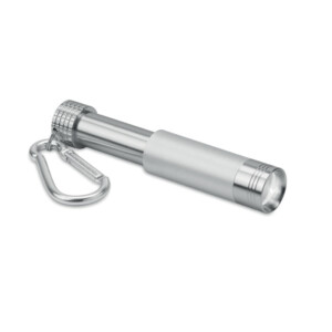 Mini-LED-Lampe in Aluminium-Schlüsselanhänger und ABS-Logo können lasergraviert werden und werden beleuchtet. 4 LR44-Batterien enthalten.-Silber-8719941001015-2