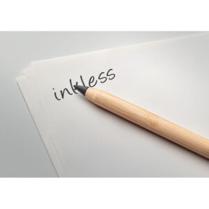 Langlebiger tintenloser Bleistift aus Bambus mit Bambuskörper und Radiergummi oben mit Papierkappe. Der Stift schreibt mit der Spitze aus einer Metalllegierung.-Holz-8719941056800-6