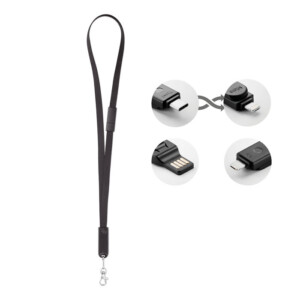 Polyester-Lanyard mit Ladekabel mit USB-A auf Micro-B (2 in 1 Pin) und Typ C. Inklusive Schutzhülle mit Schlüssel- oder Ausweishalter.-Schwarz-8719941047594