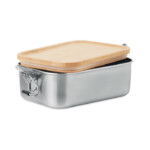 Lunchbox aus Edelstahl mit seitlichen Verschlussschnallen und Bambusdeckel. Fassungsvermögen: 750 ml.-Holz-8719941054073-2