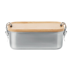 Lunchbox aus Edelstahl mit seitlichen Verschlussschnallen und Bambusdeckel. Fassungsvermögen: 750 ml.-Holz-8719941054073-3