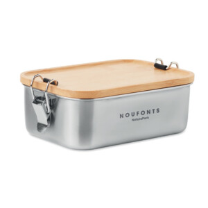 Lunchbox aus Edelstahl mit seitlichen Verschlussschnallen und Bambusdeckel. Fassungsvermögen: 750 ml.-Holz-8719941054073-5