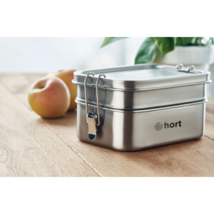 Lunchbox aus Edelstahl 2 Fächer mit starken und sicheren Seitenverschlüssen. Fassungsvermögen 1200ml.-Silber matt-8719941052604-5
