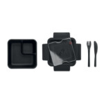 Lunchbox aus PP mit 2 Fächern. Inklusive PP-Besteckset im Deckel. Fassungsvermögen:: 600 ml.-Schwarz-8719941053687-1