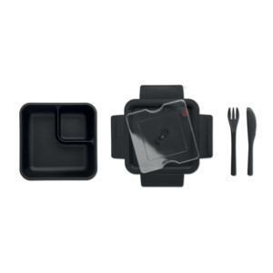 Lunchbox aus PP mit 2 Fächern. Inklusive PP-Besteckset im Deckel. Fassungsvermögen:: 600 ml.-Schwarz-8719941053687-1