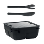 Lunchbox aus PP mit 2 Fächern. Inklusive PP-Besteckset im Deckel. Fassungsvermögen:: 600 ml.-Schwarz-8719941053687