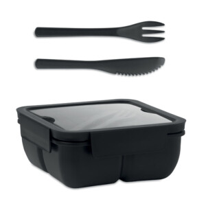 Lunchbox aus PP mit 2 Fächern. Inklusive PP-Besteckset im Deckel. Fassungsvermögen:: 600 ml.-Schwarz-8719941053687